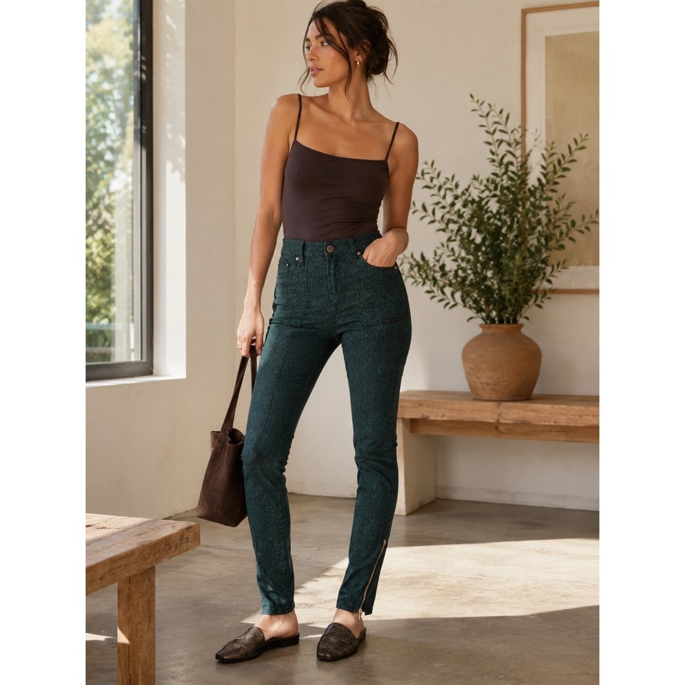 Pilcro and the Letterpress Green Jacquard Skinny Utility Jeans Sz 30 Ankle Zip